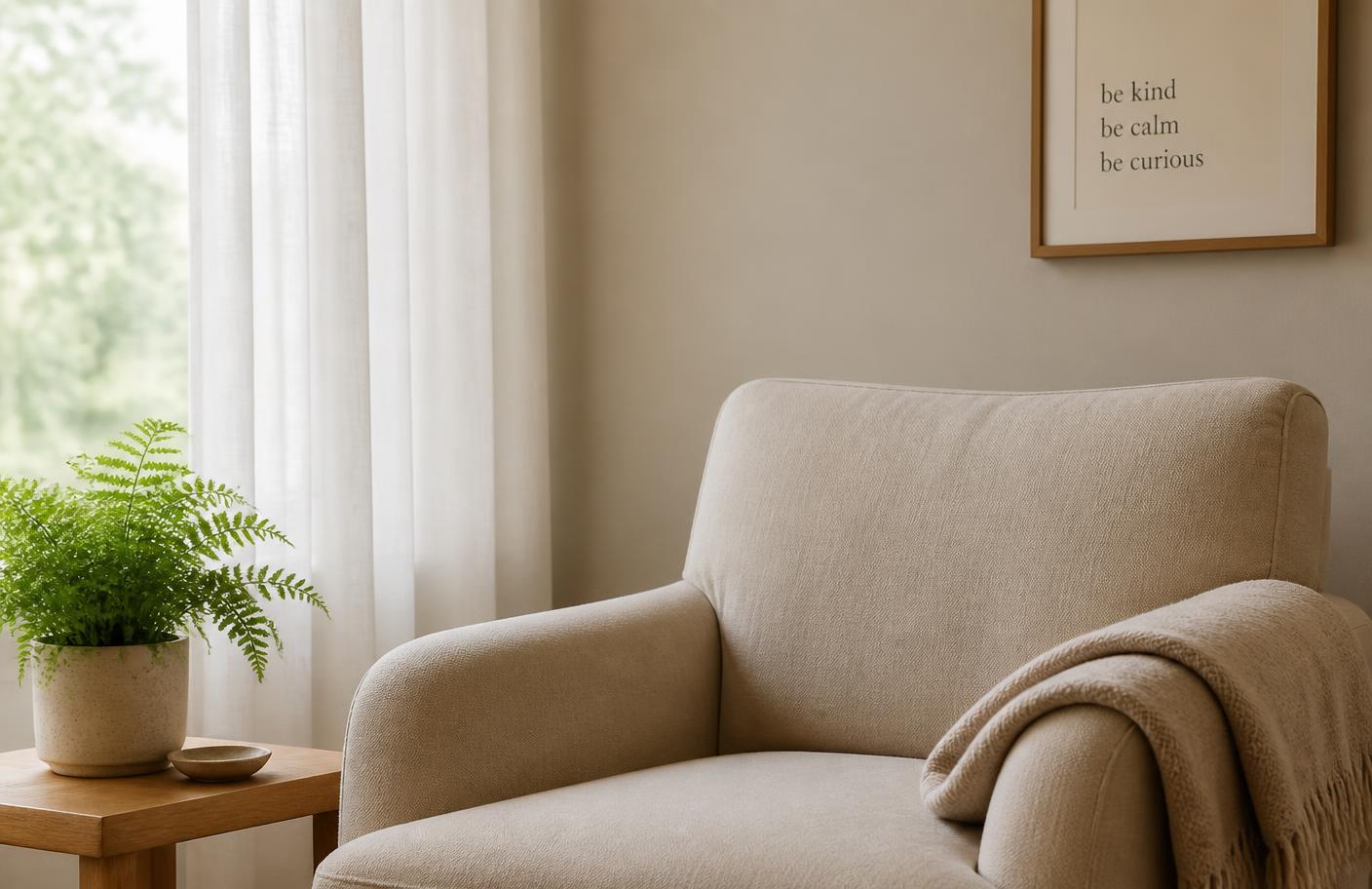 A softly lit counseling room with a linen armchair, sheer curtain, and a small fern